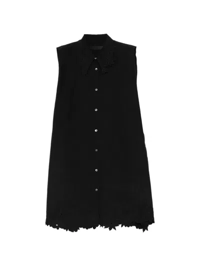Jnby Floral-embroidered Crinkled-finish Shirt Dress In Black