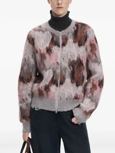 Jnby Floral-print Distressed Cardigan In Gray