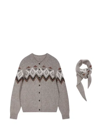 Jnby Geometric-knit Scarf-detail Cardigan In Burgundy