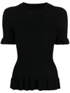 Jnby Ruffle-trim Ribbed Knitted Top In Black