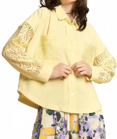 J.nna Button Down Lace Long Sleeve Waffle Shirt In Yellow