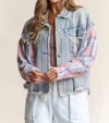 J.nna Color Block Plaid And Denim Jacket In Pink Plaid Denim In Multi