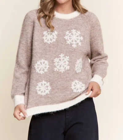 J.nna Embroidered Snowflakes Knit Sweater Top In Taupe In Multi