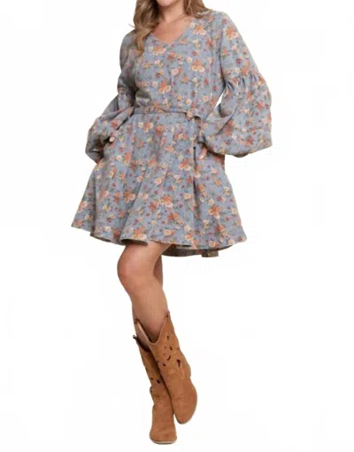J.nna Floral Balloon Sleeve Dress In Blue Denim In Multi