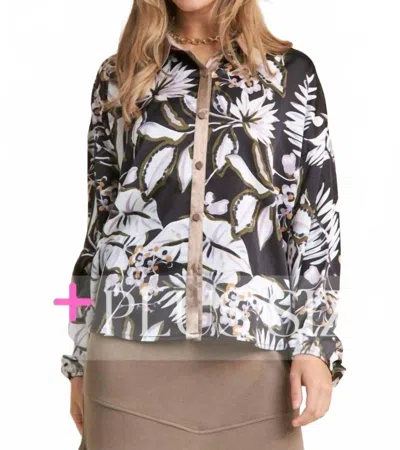 J.nna Floral Leaf Button Up Blouse - Plus In Bronze Black In Multi