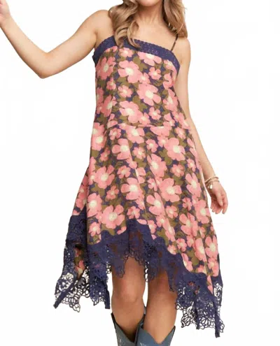 J.nna Floral Print Lace Trim Midi Dress In Pink Multi In Blue