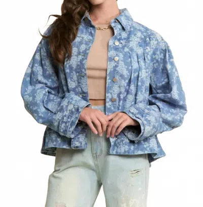 J.nna Floral Print Pleated Detail Button-down Denim Jacket In Blue