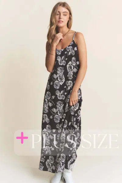 J.nna Floral Print Plisse Spaghetti Maxi Dress - Plus In Licorice Snow In Multi