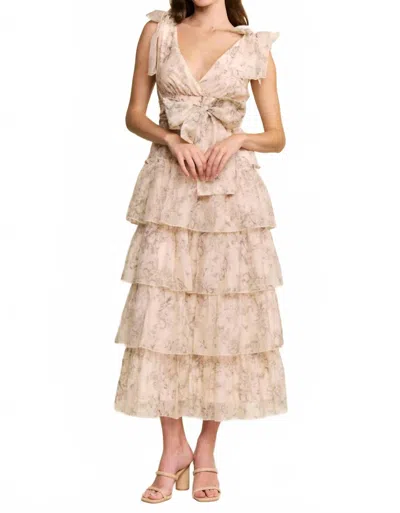 J.nna Floral Tiered Midi Dress In Peachy Cream In Beige