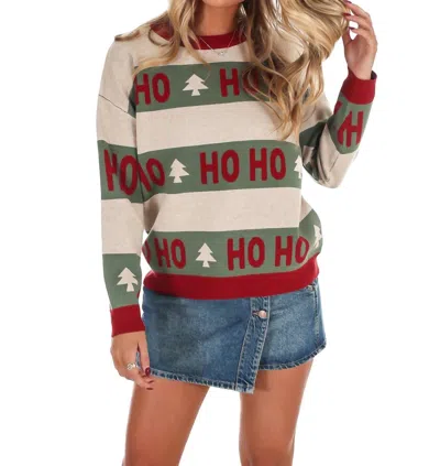 J.nna Ho Ho Ho Graphic Crew Neck Sweater In Olive Red In Multi