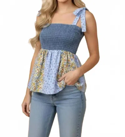 J.nna Patchwork Floral Smocked Babydoll Top In Blue