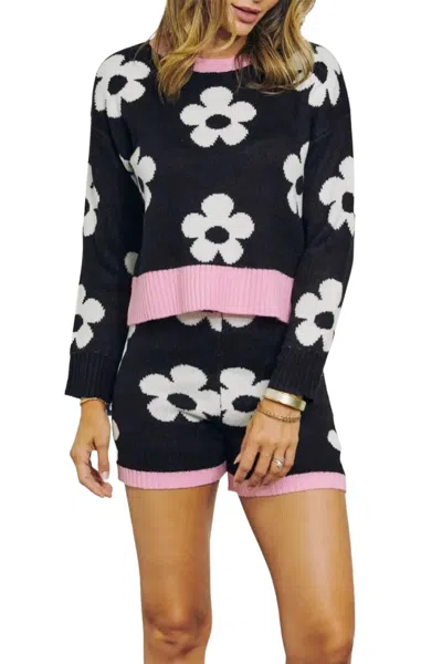 J.nna Retro Floral Knit Crewneck Cropped Sweater In Black/white/pink