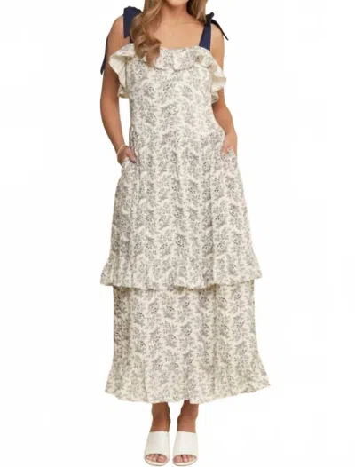 J.nna Ruffle Detailed Ribbon Strap Midi Dress In Indigo In White