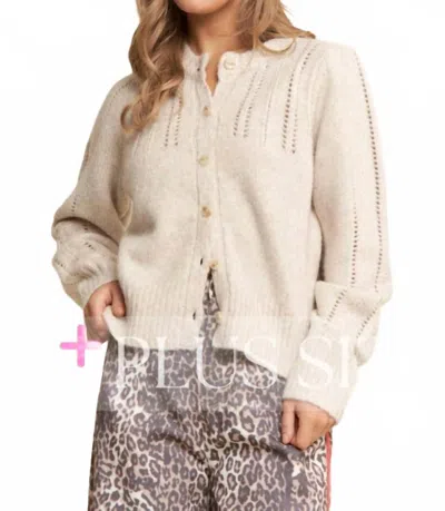 J.nna Soft Knit Eyelet Cardi Sweater - Plus In Light Sand In Blue
