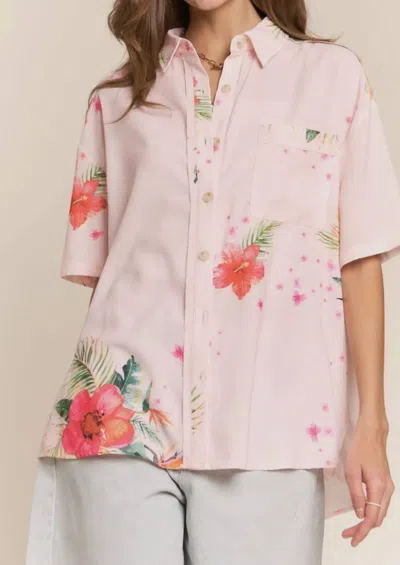 J.nna Tropical Floral Button Down Short Sleeve Top In Pink
