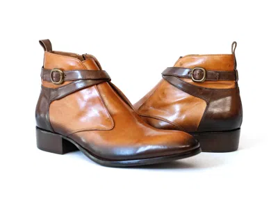 Pre-owned Jo Ghost 2098 Italian Cognac/brown Leather Ankle Boots W 2 Straps & Buckle