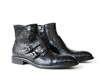 Pre-owned Jo Ghost 2994 Italian Black Croco Print Leather Boot With 2 Buckles/zipper