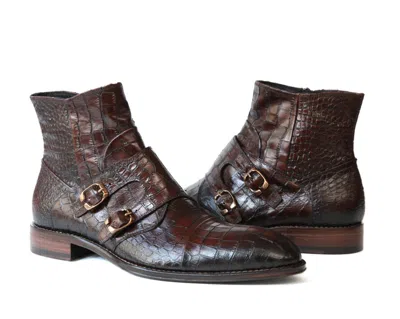 Pre-owned Jo Ghost 2994 Italian Brown Croco Print Leather Boot With 2 Buckles