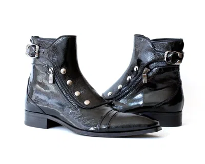Pre-owned Jo Ghost 3206 Italian Black Patent Leather Ankle Boots With Zippers, Buttons