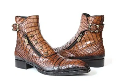 Pre-owned Jo Ghost 3206 Italian Cognac Crocodile Print Leather Ankle Boots With Zippers, B In Brown
