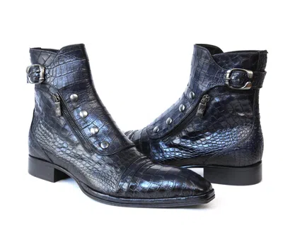 Pre-owned Jo Ghost 3206 Italian Navy Blue Crocodile Print Leather Ankle Boots With Zippers