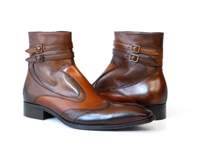 Pre-owned Jo Ghost 4765 Italian Brown/cognac Leather Ankle Boots W/2 Buckles,zipper