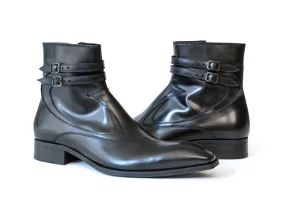 Pre-owned Jo Ghost 4767 Italian Black Leather Ankle Boots W/ 2 Buckles, Zipper