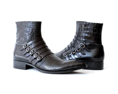 Pre-owned Jo Ghost 5225 Italian Black Crocodile Print Leather Ankle Boots W/ Buckles