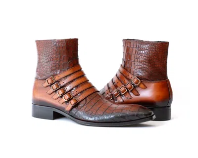 Pre-owned Jo Ghost 5225 Italian Cognac Crocodile Print Leather Ankle Boots W/ Buckles In Brown