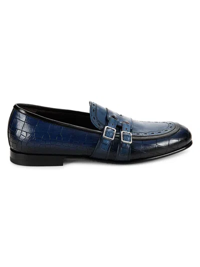 Jo Ghost Men's Croc Embossed Leather Buckle Loafers In Navy