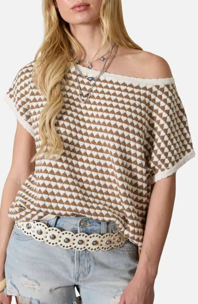 Joa J.o.a. Geometric Stripe Short Sleeve Sweater In Mocha