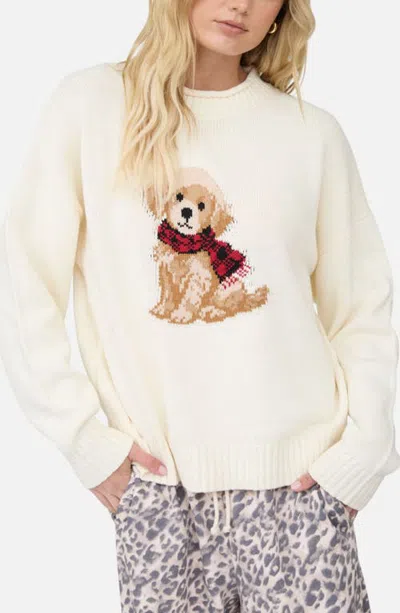 Joa J.o.a. Intarsia Puppy Crewneck Sweater In Ivory