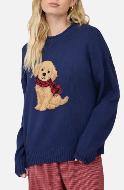 Joa J.o.a. Intarsia Puppy Crewneck Sweater In Navy