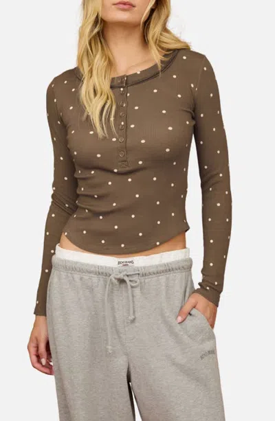 Joa J.o.a. Polka Dot Henley Top In Brown