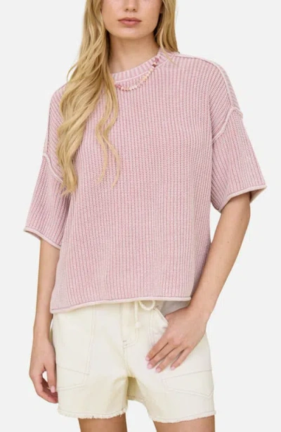 Joa J.o.a. Rib Knit Raw Edge Cotton Blend Sweater In Pink