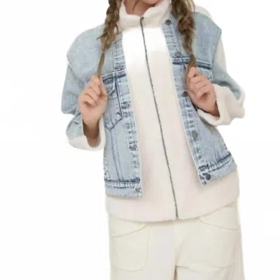 Joa Sherpa Mixed Media Zip Up Jacket In Denim In Blue