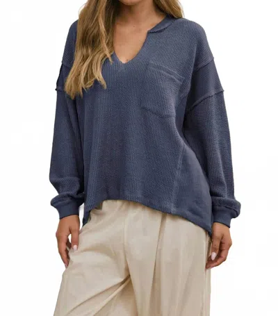 Joa Split Neck Raw Edge Ribbed Knit Top In Blue
