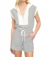 Joa Stripe Zip-front Drawstring Knit Romper In Black In Multi