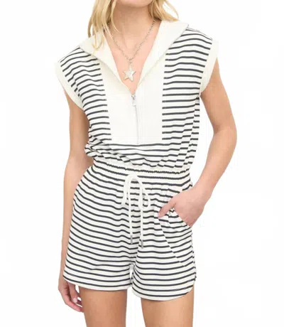 Joa Stripe Zip-front Drawstring Knit Romper In Black In Multi