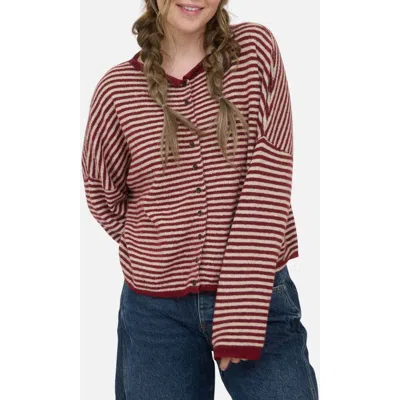 Joa J.o.a. Striped Raw Edge Cardigan In Deep Red