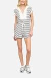 Joa Stripe Zip-front Drawstring Knit Romper In Black In Multi