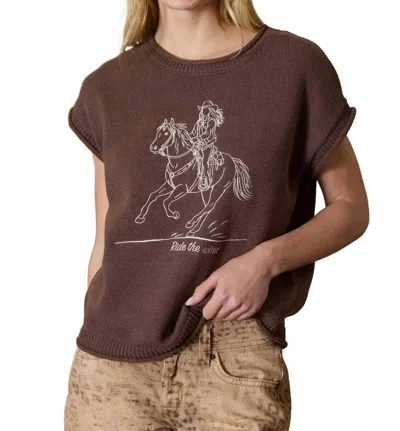 Joa Western Embroidery Short Sleeve Sweater In Dark Brown