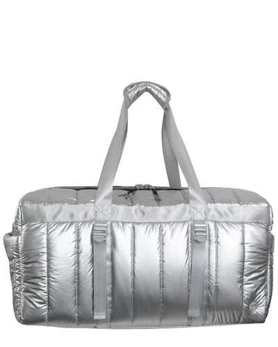 Joan & David 22in Metallic Puffer Tubular Quilted Nylon Travel Weekender  Duffel In Silver