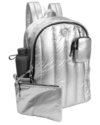 Joan & David Tubular Quilted Metallic Puffer Nylon 18in Workbook Backpack In Silver