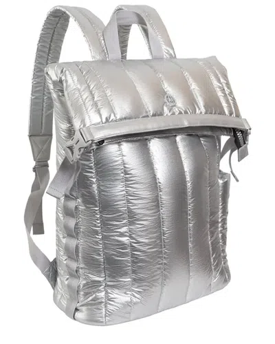 Joan & David Tubular Quilted Metallic Puffer Nylon 18in Workbook Backpack In Silver