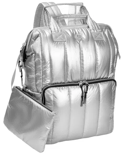 Joan & David Tubular Quilted Metallic Puffer Nylon 18in Workbook Backpack In Silver