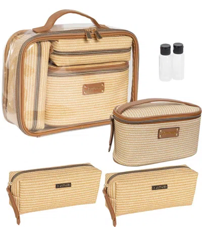 Joan & David Women's Straw Texture 4 Piece Clear Cosmetic Bag Set In Natural In Neutral