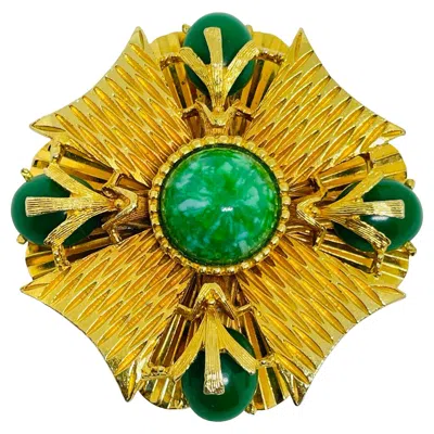 Pre-owned Joan Rivers Mandi Signed Vintage Gold Tone Green Jade Glass Maltese Cross Designer Brooch