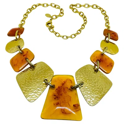 Pre-owned Joan Rivers Signed Vintage Gold Tone Faux Amber Massive Designer Chain Necklace In Brown