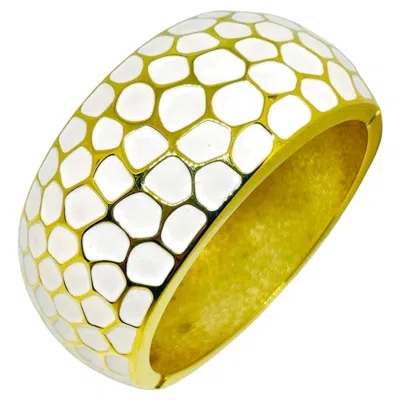 Pre-owned Joan Rivers Vintage Gold Plated White Enamel Designer Massive Clamper Bracelet